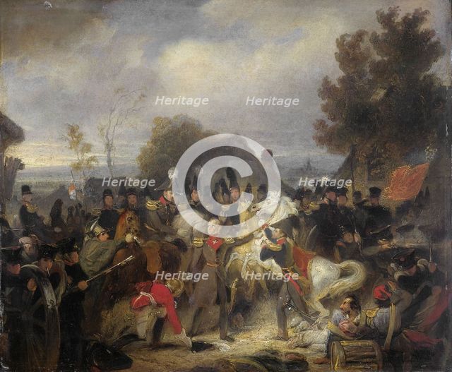 The Prince of Orange changing his Wounded Horse during the Engagement at Boutersem, 1837-1839. Creator: Cornelis Kruseman.