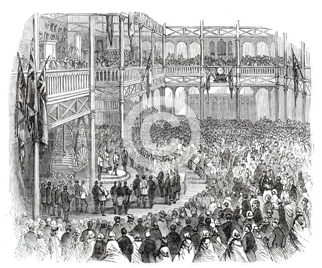 The Prince opening the Industrial Exhibition in the Crystal Palace, 1860. Creator: Unknown.