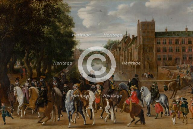 The Princes of Orange and their Families on Horseback, Riding Out from The Buitenhof, The Hague. Creator: Pauwels van Hillegaert I.