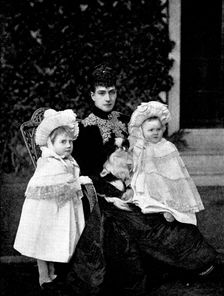 The Princess of Wales and her grandchildren, Lady Alexandra and Lady Maud Duff..., 1895. Creator: W&D Downey
