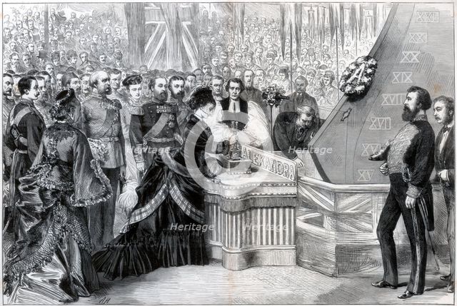 The Princess of Wales launching the new ironclad ship 'Alexandra', 1875. Artist: Unknown