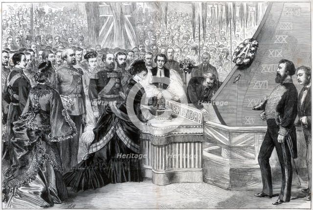 The Princess of Wales launching the new ironclad ship 'Alexandra', 1875. Artist: Unknown
