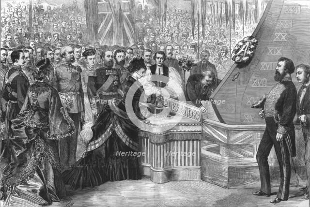 The Princess of Wales launching the new ironclad ship 'Alexandra', 1875. Artist: Unknown.