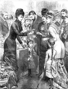 The Princess of Wales selling flowers...Kensington Industrial and Training Girls School, 1880. Creator: Unknown