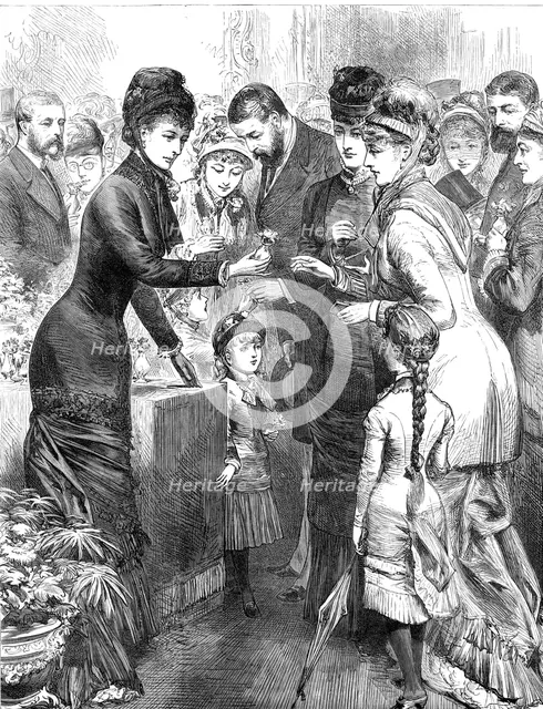 The Princess of Wales selling flowers...Kensington Industrial and Training Girls' School, 1880. Creator: Unknown.
