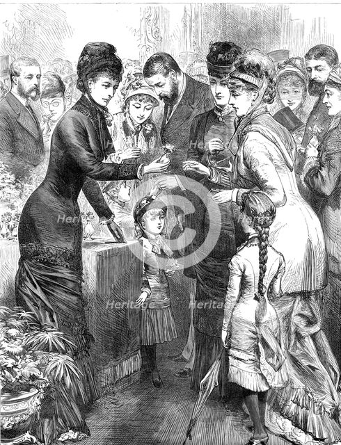 The Princess of Wales selling flowers...Kensington Industrial and Training Girls' School, 1880. Creator: Unknown.