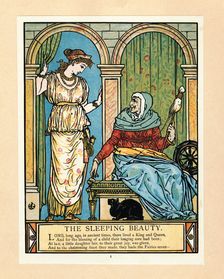 The Princess learns to spin, from The Blue Beard Picture Book, pub. 1879 (colour lithograph), 1879. Creator: Walter Crane (1845 - 1915)