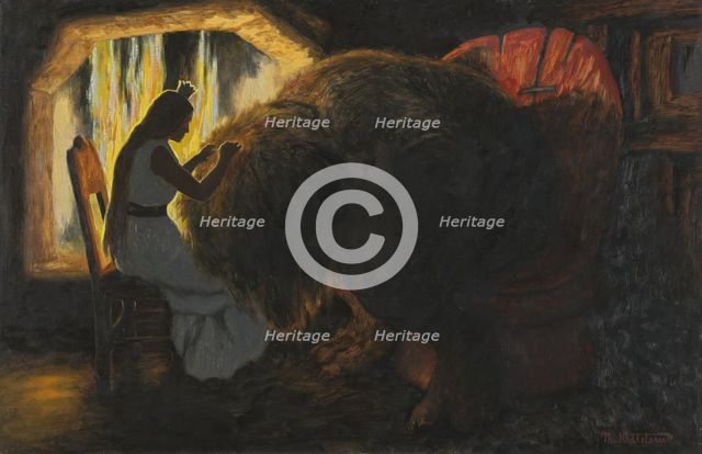 The Princess picking Lice from the Troll; For Soria Moria Palace, series consisting of..., 1900. Creator: Theodor Kittelsen.
