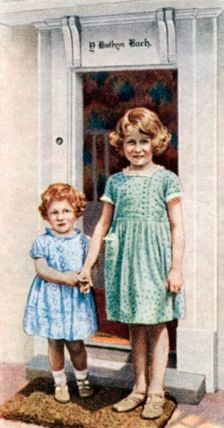 The Princesses Elizabeth and Margaret Rose at the door of the Little House, 1933, (c1935)