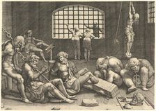 The Prison; a group of men in a dungeon bound in chains and shackles; to the right a figur....n.d. Creator: Unknown