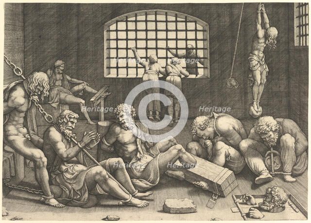 The Prison; a group of men in a dungeon bound in chains and shackles; to the right a figur....n.d. Creator: Unknown.