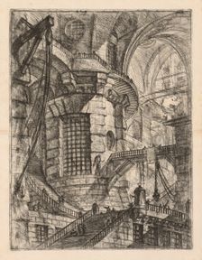 The Prisons: A Vaulted Building with a Central Column with Barred Window, 1745-1750. Creator: Giovanni Battista Piranesi (Italian, 1720-1778)