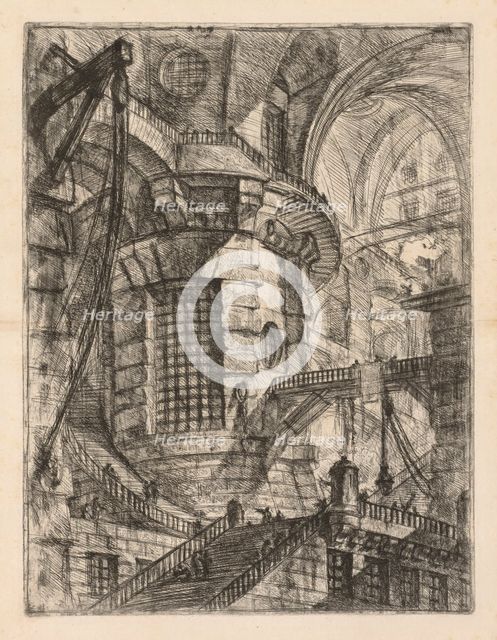 The Prisons: A Vaulted Building with a Central Column with Barred Window, 1745-1750. Creator: Giovanni Battista Piranesi (Italian, 1720-1778).
