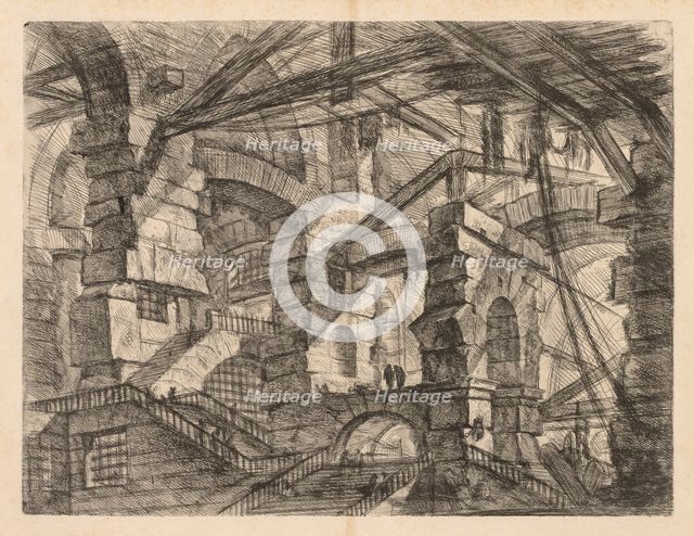 The Prisons: A Perspective of Colonnades with Zig-Zag Staircase, 1745-1750. Creator: Giovanni Battista Piranesi (Italian, 1720-1778).