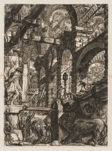 The Prisons: A Perspective of Roman Arches, with Two Lions Carved in Relief..., 1745-50. Creator: Giovanni Battista Piranesi (Italian, 1720-1778)