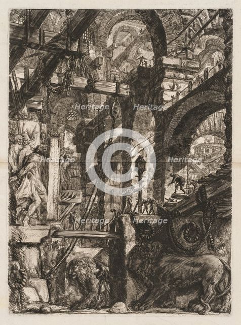 The Prisons: A Perspective of Roman Arches, with Two Lions Carved in Relief..., 1745-50. Creator: Giovanni Battista Piranesi (Italian, 1720-1778).