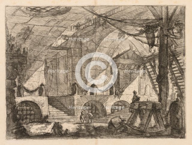 The Prisons: An Arched Chamber with Posts and Chains, 1745-1750. Creator: Giovanni Battista Piranesi (Italian, 1720-1778).
