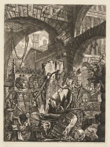 The Prisons: An Architectural Medly, with a Man on the Rock in the Foreground, 1745-50. Creator: Giovanni Battista Piranesi (Italian, 1720-1778)