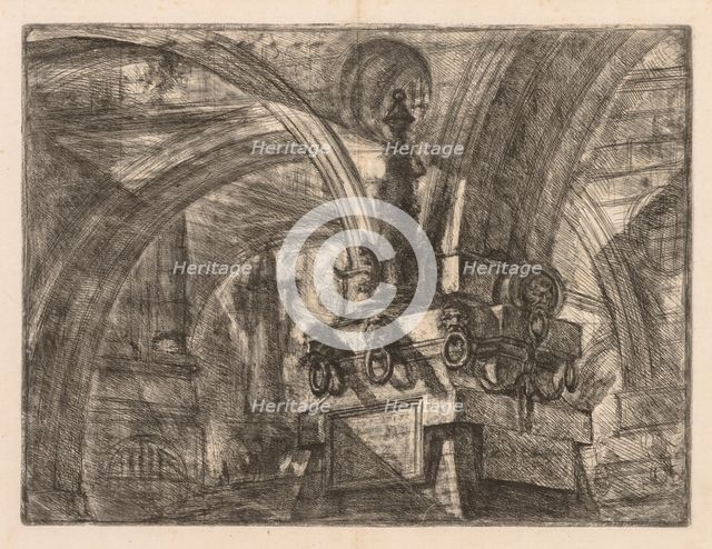 The Prisons: Round Arches Springing from a Square Column, 1745-1750. Creator: Giovanni Battista Piranesi (Italian, 1720-1778).