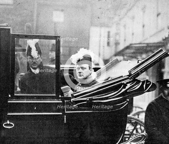 'The Privy Council, Winston Churchill Leaving the Palace. A Nation's Apprehension', 1910.Artist: Illustrations Bureau