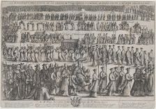 The procession of the casket of St. Genevieve, with clerics and laymen marching in six row..., 1652. Creator: Nicolas Cochin