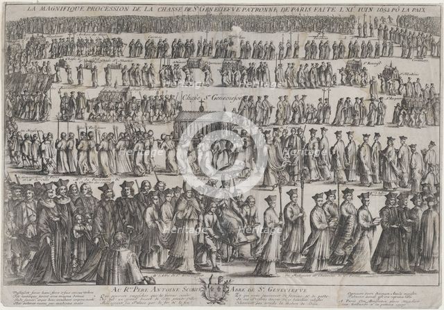 The procession of the casket of St. Genevieve, with clerics and laymen marching in six row..., 1652. Creator: Nicolas Cochin.