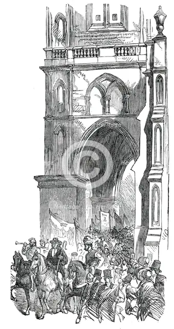 The Procession passing St. Mary's Church, Warwick May Fair Show, 1850. Creator: Unknown.
