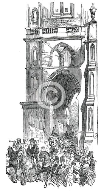 The Procession passing St. Mary's Church, Warwick May Fair Show, 1850. Creator: Unknown.