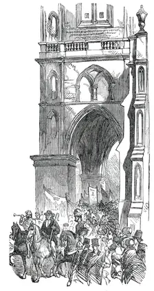 The Procession passing St. Mary's Church, Warwick May Fair Show, 1850. Creator: Unknown