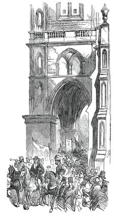 The Procession passing St. Mary's Church, Warwick May Fair Show, 1850. Creator: Unknown