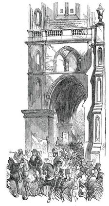 The Procession passing St. Mary's Church, Warwick May Fair Show, 1850. Creator: Unknown