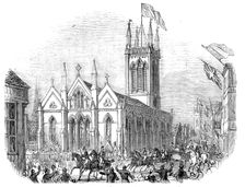 The procession, passing St. Michael's Church, Stamford, 1844. Creator: Unknown