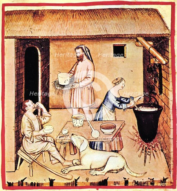 The production of cheese. A miniature from Tacuinum Sanitatis, Second Half of 14th cen.. Artist: Anonymous  