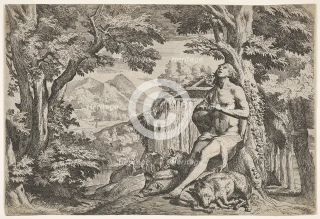 The prodigal son seated at the base of a tree among swine, his gaze directed upward..., ca. 1640-50. Creator: Pietro Testa.