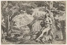 The prodigal son seated at the base of a tree among swine, his gaze directed upward..., ca. 1640-50. Creator: Pietro Testa