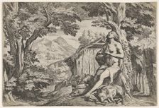 The prodigal son seated at the base of a tree among swine, his gaze directed upward..., ca. 1640-50. Creator: Pietro Testa