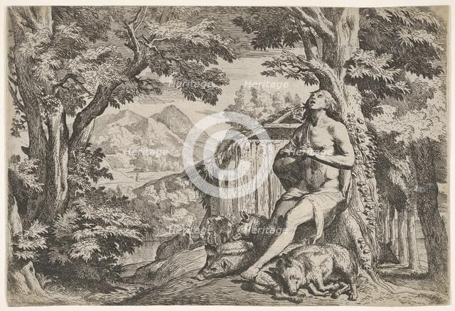 The prodigal son seated at the base of a tree among swine, his gaze directed upward..., ca. 1640-50. Creator: Pietro Testa.