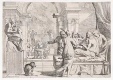 The prodigal son seated on a couch being served wine, revelers in the background, a mo..., ca. 1645. Creator: Pietro Testa