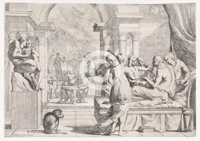 The prodigal son seated on a couch being served wine, revelers in the background, a mo..., ca. 1645. Creator: Pietro Testa.