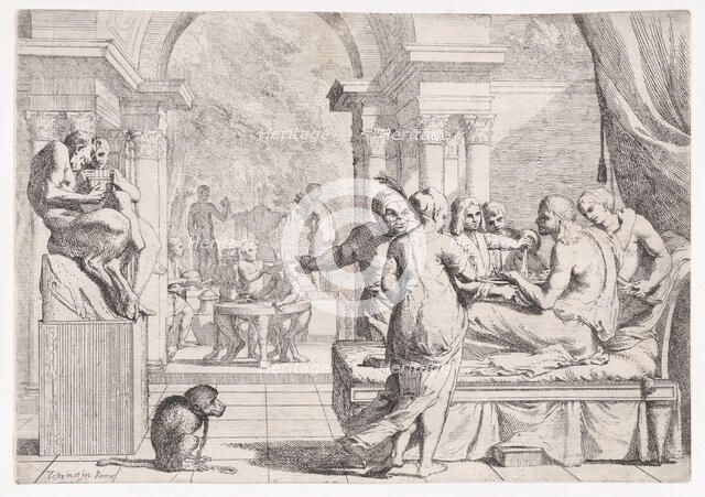 The prodigal son seated on a couch being served wine, revelers in the background, a mo..., ca. 1645. Creator: Pietro Testa.