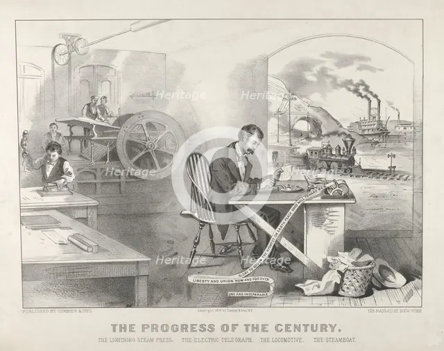 The Progress of the Century - The Lightning Steam Press. The Electric Telegraph. The Locom..., 1876. Creators: Nathaniel Currier, James Merritt Ives, Currier and Ives.