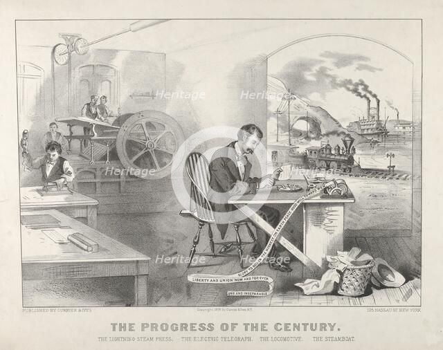 The Progress of the Century - The Lightning Steam Press. The Electric Telegraph. The Locom..., 1876. Creators: Nathaniel Currier, James Merritt Ives, Currier and Ives.