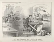 The Progress of the Century - The Lightning Steam Press. The Electric Telegraph. The Locom..., 1876. Creators: Nathaniel Currier, James Merritt Ives, Currier and Ives