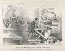 The Progress of the Century - The Lightning Steam Press. The Electric Telegraph. The Locom..., 1876. Creators: Nathaniel Currier, James Merritt Ives, Currier and Ives