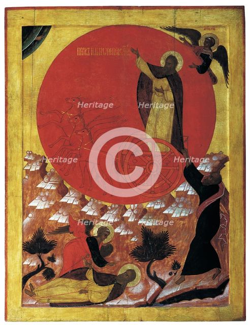 The Prophet Elijah and the Fiery Chariot, 1570s. Artist: Russian icon  