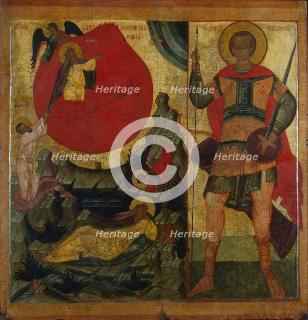 The Prophet Elijah and the Fiery Chariot. Saint Demetrius of Thessaloniki, Mid of 16th century. Artist: Russian icon  