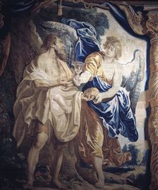 The Prophet Elijah comforted with bread and wine Detail, tapestry woven in Brussels