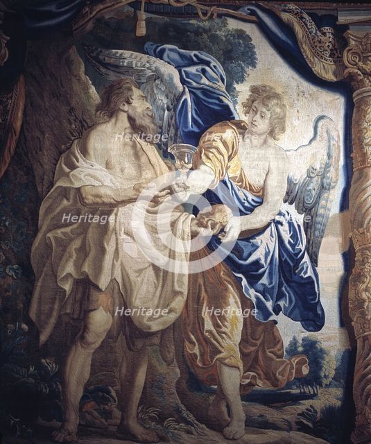  'The Prophet Elijah comforted with bread and wine'.  Detail, tapestry woven in Brussels.