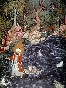 The prophet Elijah rescuing Prince Nur ad-Dahr, 1562-1577. Artist: Mir Sayyid Ali