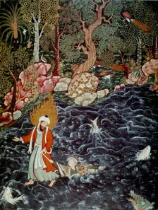 The prophet Elijah rescuing Prince Nur ad-Dahr (From the Hamzanama), 1562-1577. Artist: Mir Sayyid Ali (c. 1510-after 1572)